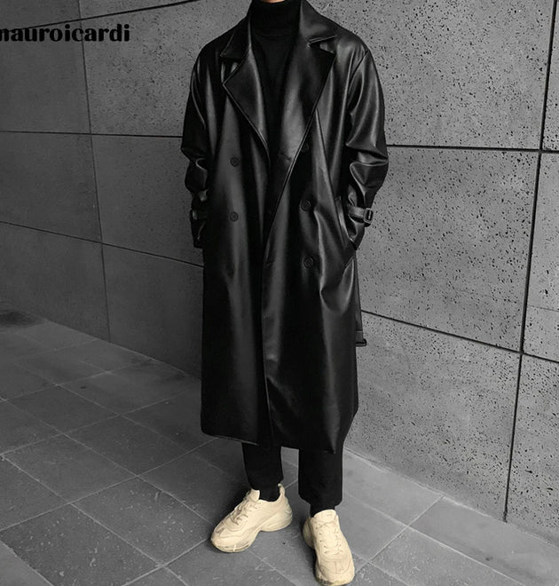 Mauroicardi Spring Autumn Long Black Oversized Faux Leather Trench Coat Men 2022 Drop Shoulder Belt Faux Leather Coats for Men