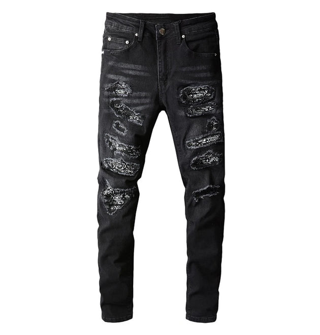 Men's Bandanna Paisley Printed Patchwork Stretch Jeans Streetwear Black Denim Pencil Pants Slim Skinny Ripped Trousers