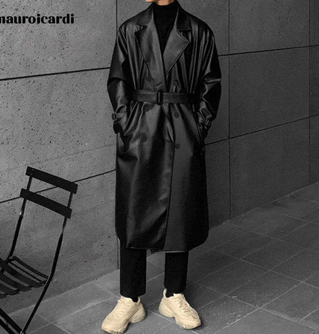 Mauroicardi Spring Autumn Long Black Oversized Faux Leather Trench Coat Men 2022 Drop Shoulder Belt Faux Leather Coats for Men