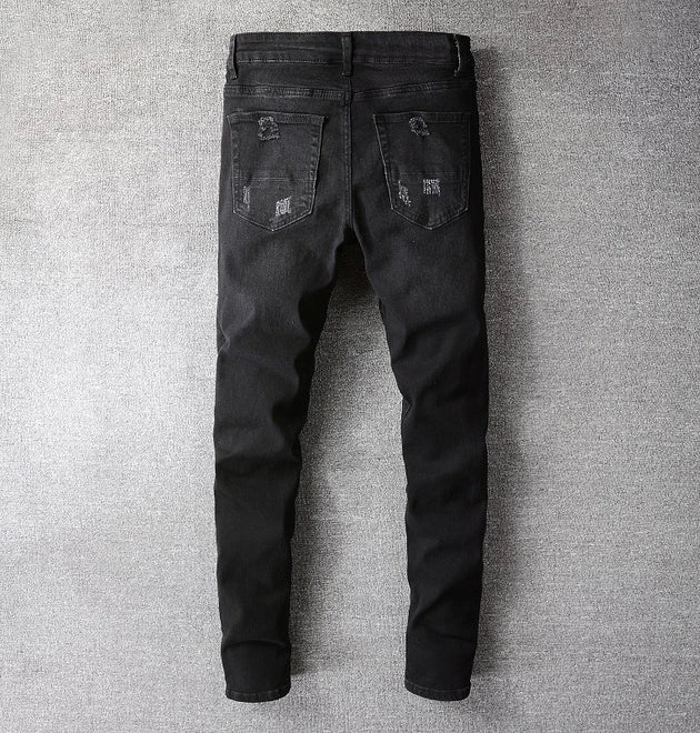 Men's Bandanna Paisley Printed Patchwork Stretch Jeans Streetwear Black Denim Pencil Pants Slim Skinny Ripped Trousers