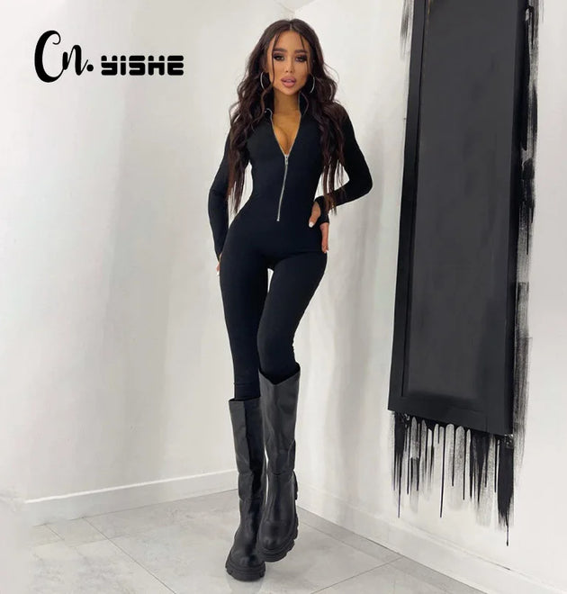 CNYISHE Fitness Outfit Female Casual Sporty Workout Zipper Jumpsuit Women Rompers Long Sleeve Skinny Activity Wear Overalls Tops