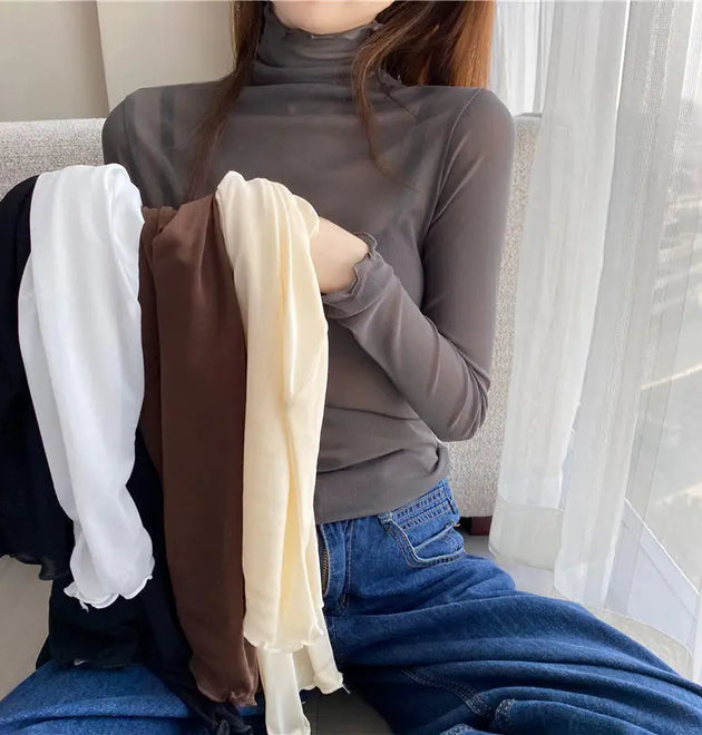 Sexy Women T Shirt See Through Transparent Mesh Tops Long Sleeve Sheer Slim Ladies Solid Turtleneck Silk T-Shirt Lace Crop Top