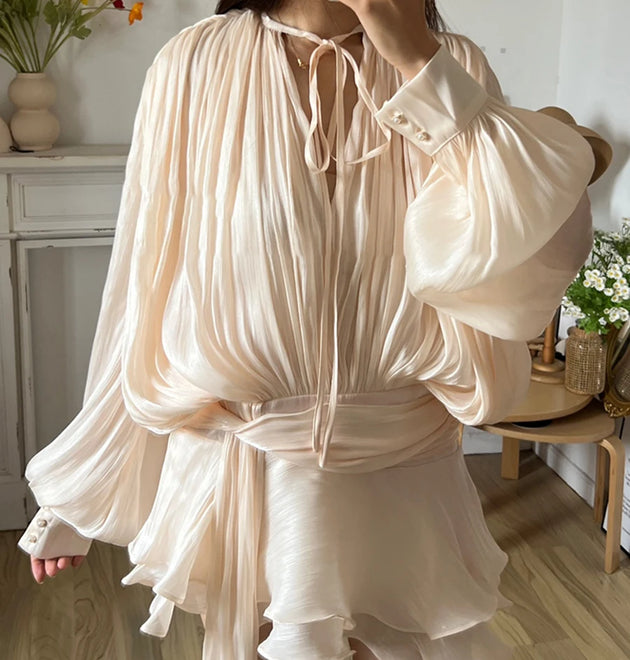 TWOTWINSTYLE Solid Blouse Mini Dresses For Women V Neck Long Sleeve Spliced Lace Up Sweet Style Dress Female Clothing Fashion