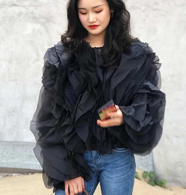 TWOTWINSTYLE Elegant Patchwork Ruffles Chiffon Blouses Women O Neck Lantern Long Sleeve Loose Shirt Female Clothing Fashion