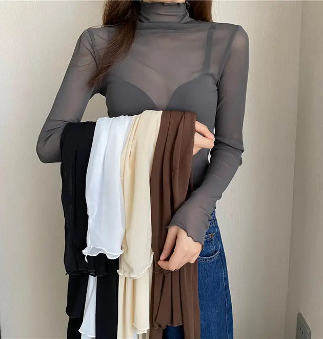 Sexy Women T Shirt See Through Transparent Mesh Tops Long Sleeve Sheer Slim Ladies Solid Turtleneck Silk T-Shirt Lace Crop Top