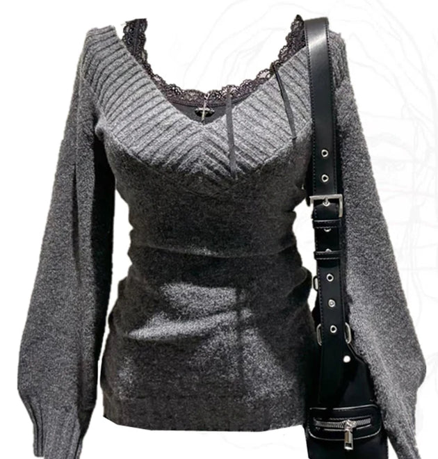 Autumn Winter Woman Gyaru Coquette V-neck French Vintage Sweater Long Sleeve Pullovers Knitwears 2000s Aesthetic Old Money Thick