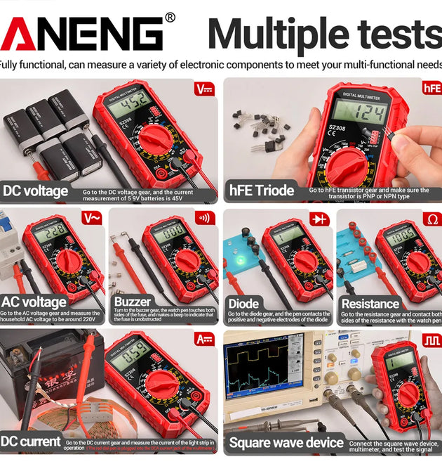 ANENG SZ308 Square Wave Digital Tester 1999 Counts HFE Triode Buzzer Multimeter AC/DC Voltage 10A Current Multimeters Meter Tool