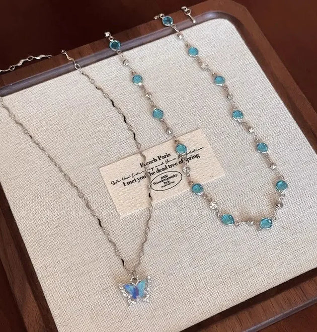 LATS Romantic Blue Crystal Butterfly Necklace for Women Girls Simple Shiny Zircon Bilayer Choker Clavicle Chain New Fine Jewelry