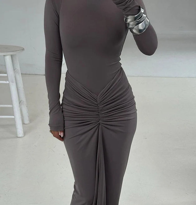 kliou Shirring Women Classic Maxi Dress Autumn New Solid Long Sleeve High Collar Body-shaping Vestidos Mujer Concise Trend Robe