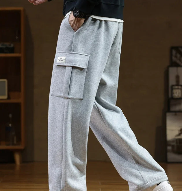 2024 New Sweatpants Men Multi-Pockets Drawstring Cotton Casual Wide Pants Male Loose Straight Trousers Large Size 8XL