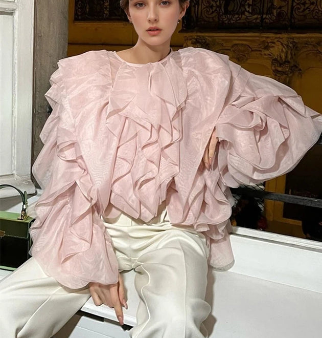 TWOTWINSTYLE Elegant Patchwork Ruffles Chiffon Blouses Women O Neck Lantern Long Sleeve Loose Shirt Female Clothing Fashion