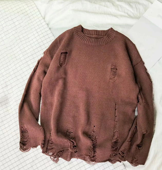 Men Wash Hole Ripped Knit Sweaters Solid Color Ripped O Neck Oversized Couple Sweater Winter Cool Boy Men's Clothes Streetwear