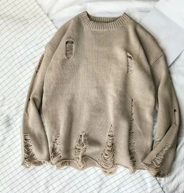 Men Wash Hole Ripped Knit Sweaters Solid Color Ripped O Neck Oversized Couple Sweater Winter Cool Boy Men's Clothes Streetwear