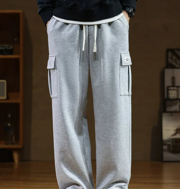 2024 New Sweatpants Men Multi-Pockets Drawstring Cotton Casual Wide Pants Male Loose Straight Trousers Large Size 8XL