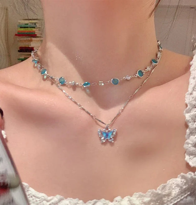 LATS Romantic Blue Crystal Butterfly Necklace for Women Girls Simple Shiny Zircon Bilayer Choker Clavicle Chain New Fine Jewelry