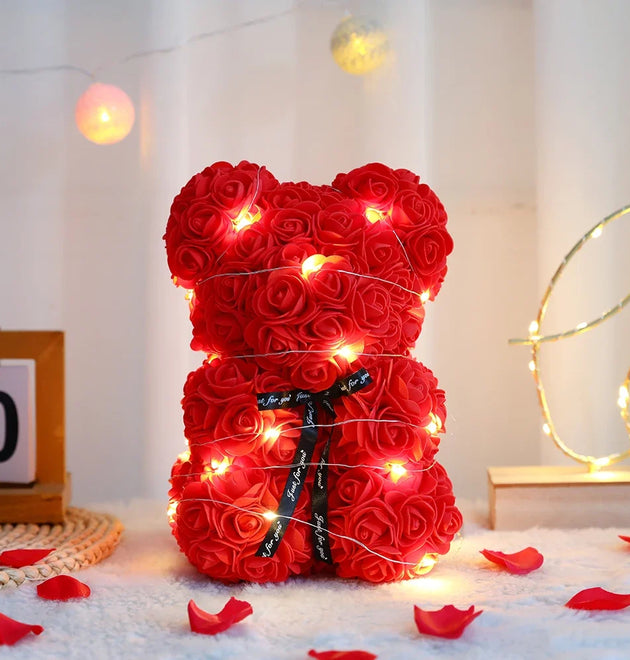 25cm Artificial Teddy Rose Flower Bear with Box Romantic Valentines Day Gift Girlfriend Women Anniversary Wedding Party Supplies