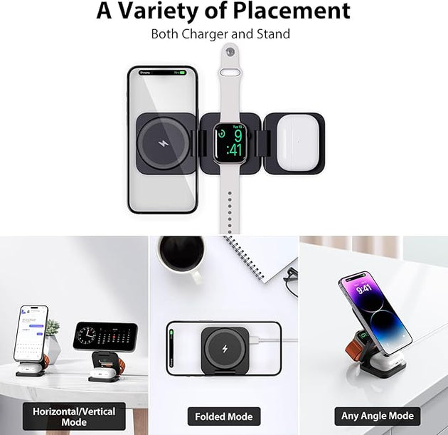 Fast Wireless Charger, Magnetic Foldable 3 in 1 Charging Station for iPhone 16/15/14/13/12/Pro/Plus/Pro Max, 5W Portable Charger for Apple Watch9/8/7/6/5/4/SE, for Airpods